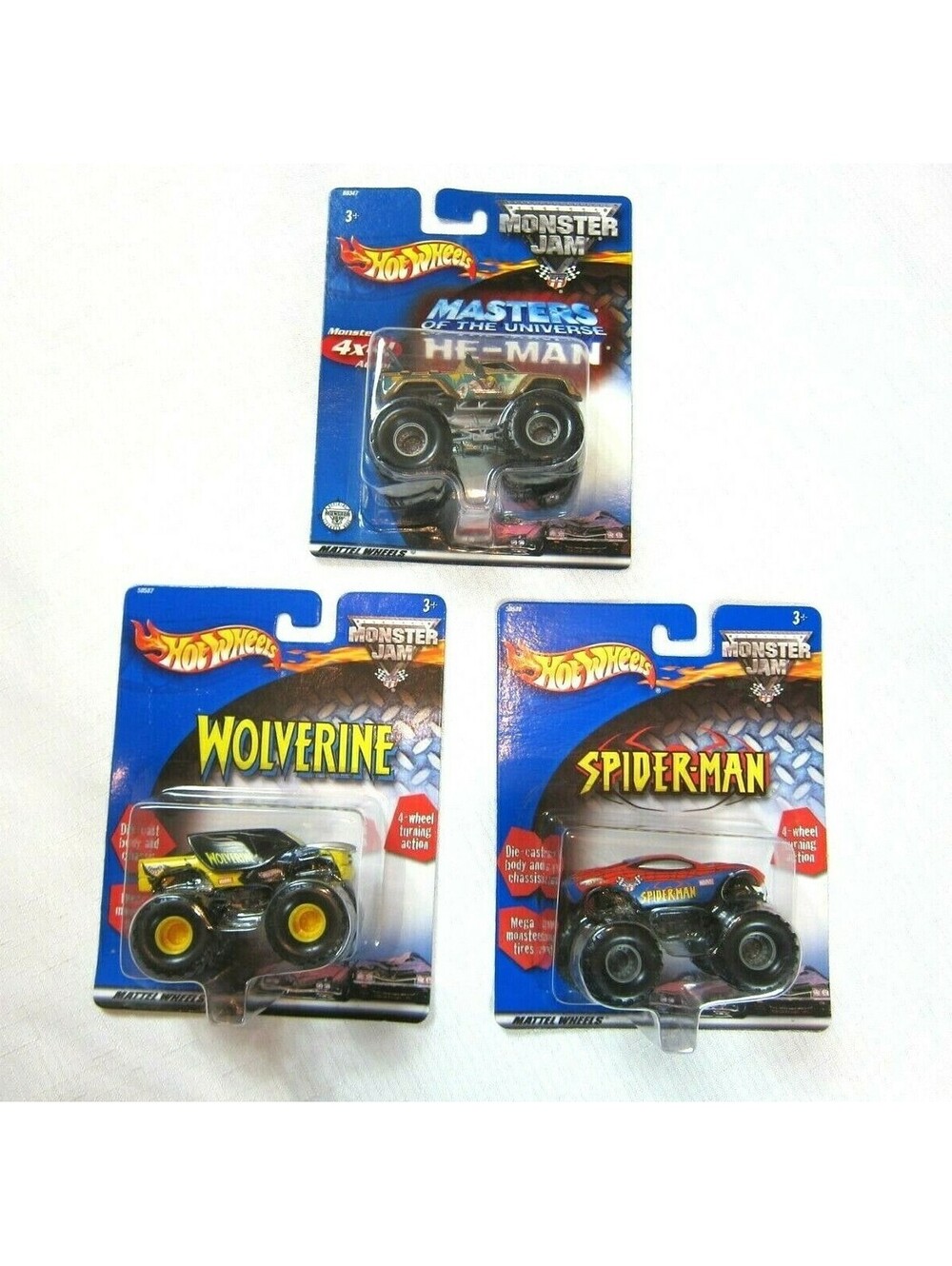 Lot of 3 Vintage Hot Wheels Monster Jam Wolverine, Spider-Man & He-Man 1:64 NEW